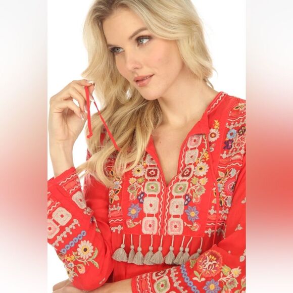 Johnny Was Red Coriander Tasseled Embroidered Blouse Boho Chic C17123 Size XXS - Picture 5 of 15